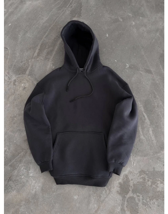 Kapüşonlu Üç İplik Penye Basic SweatShirt - Füme