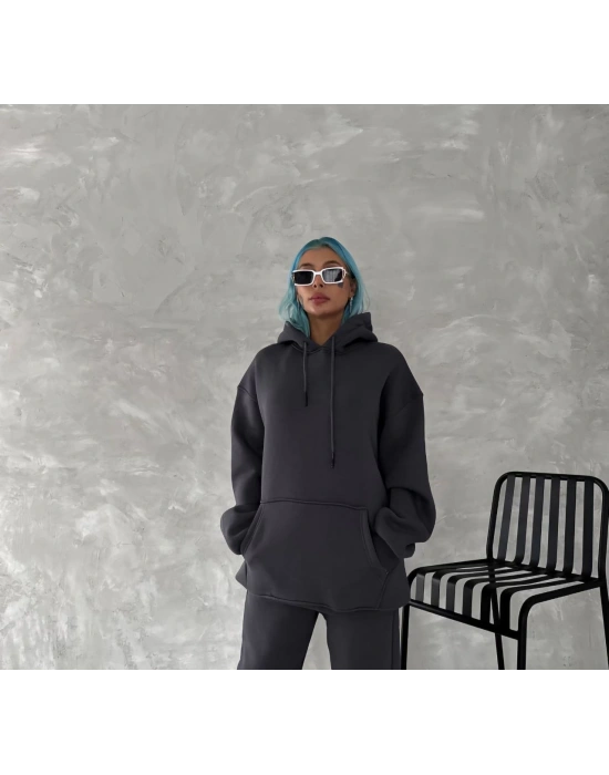 Kapüşonlu Üç İplik Penye Basic SweatShirt - Füme