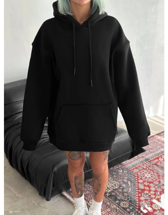 Kapüşonlu Üç İplik Penye Basic SweatShirt - Siyah