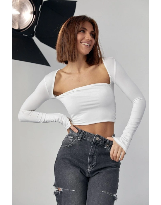 Kara Yaka Uzun Kollu Crop - Beyaz