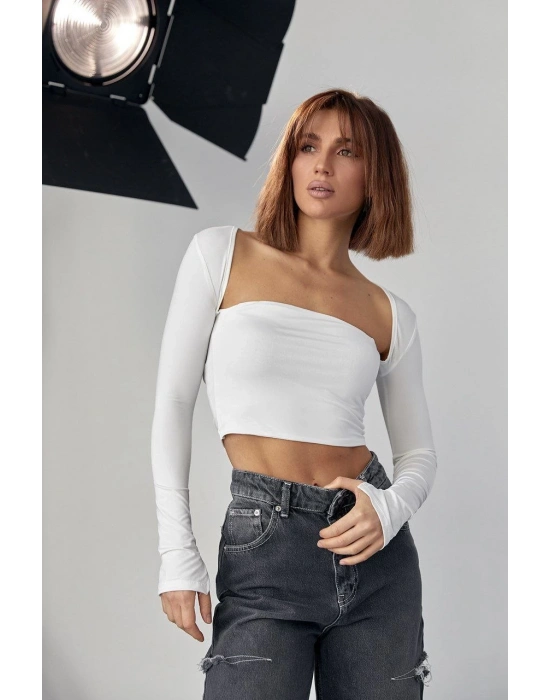 Kara Yaka Uzun Kollu Crop - Beyaz