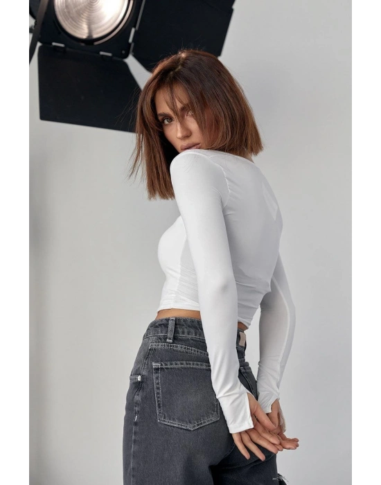 Kara Yaka Uzun Kollu Crop - Beyaz