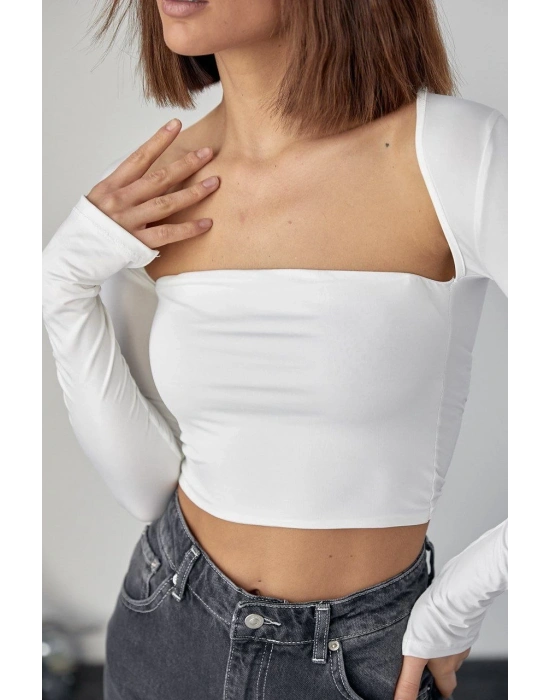 Kara Yaka Uzun Kollu Crop - Beyaz