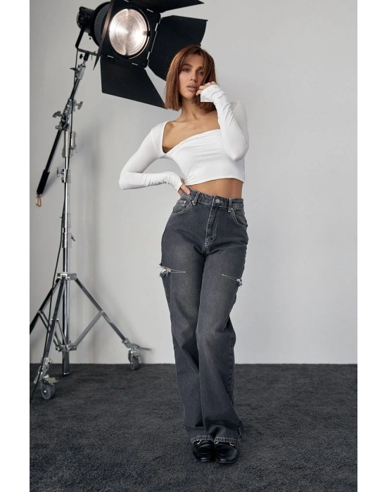 Kara Yaka Uzun Kollu Crop - Beyaz