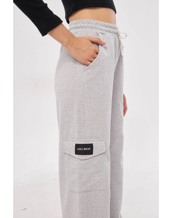 Kargo Cepli Palazzo Oversize Kesim İki iplik Bol Paça Eşofman Altı Pantalon - Gri