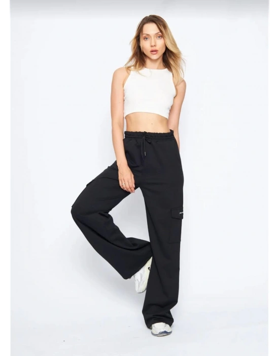 Kargo Cepli Palazzo Oversize Kesim İki iplik Bol Paça Eşofman Altı Pantalon - Siyah