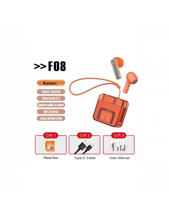 Karler Bass F08 Dijital Şarj Göstergeli TWS Bluetooth Kulaklık - Kırmızı