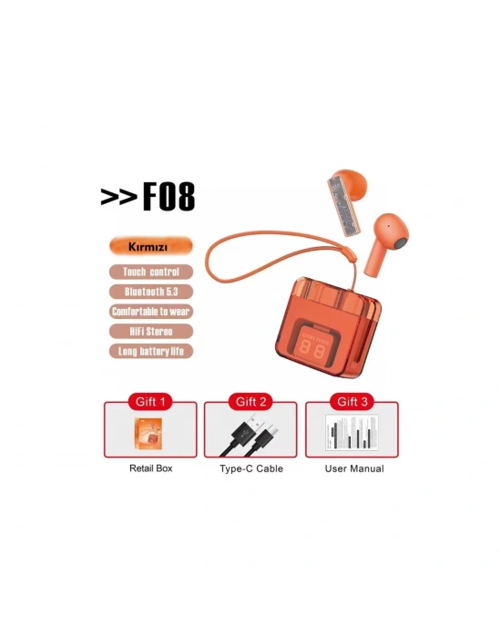 Karler Bass F08 Dijital Şarj Göstergeli TWS Bluetooth Kulaklık - Kırmızı