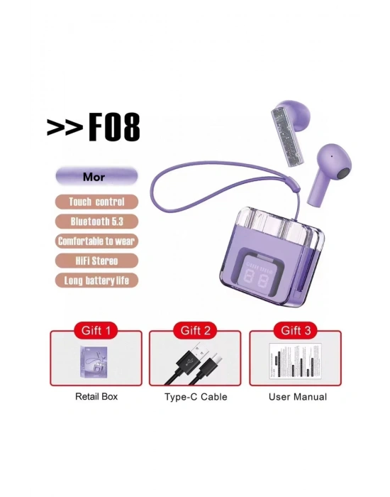 Karler Bass F08 Dijital Şarj Göstergeli TWS Bluetooth Kulaklık - Mor