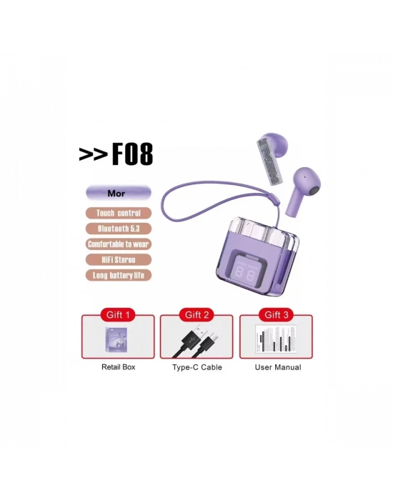 Karler Bass F08 Dijital Şarj Göstergeli TWS Bluetooth Kulaklık - Mor