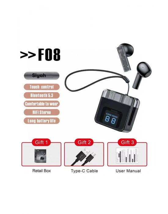 Karler Bass F08 Dijital Şarj Göstergeli TWS Bluetooth Kulaklık - Siyah