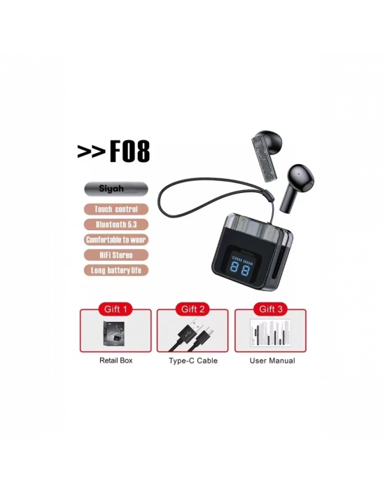 Karler Bass F08 Dijital Şarj Göstergeli TWS Bluetooth Kulaklık - Siyah