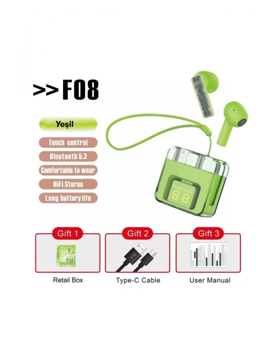 Karler Bass F08 Dijital Şarj Göstergeli TWS Bluetooth Kulaklık - Yeşil