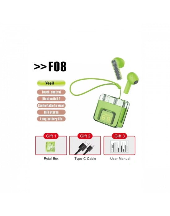 Karler Bass F08 Dijital Şarj Göstergeli TWS Bluetooth Kulaklık - Yeşil