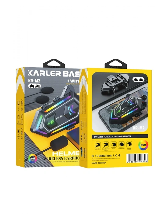 Karler Bass KRM2 RGB Motosiklet Sürücüleri İçin IPX6 Su Geçirmez Özellikli Kablosuz Bluetooth Kulaklık - Siyah