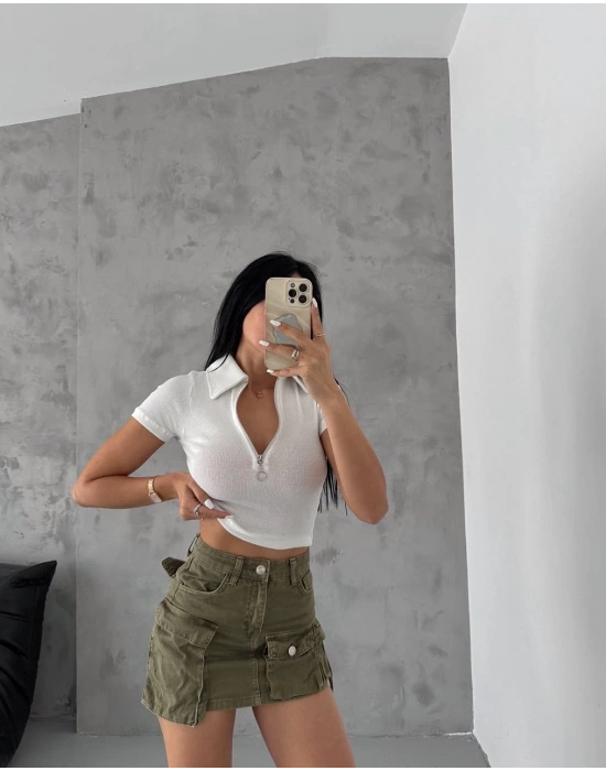 kaşkorse yaka fermuarlı bluz beyaz