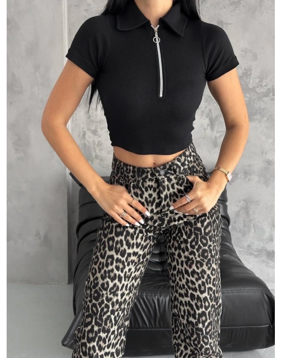 kaşkorse yaka fermuarlı bluz siyah