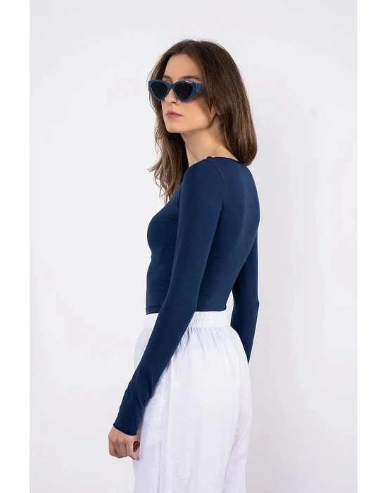 Kayık yaka uzun kollu bluz lacivert pt
