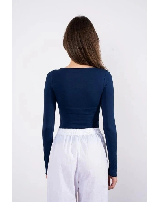 Kayık yaka uzun kollu bluz lacivert pt