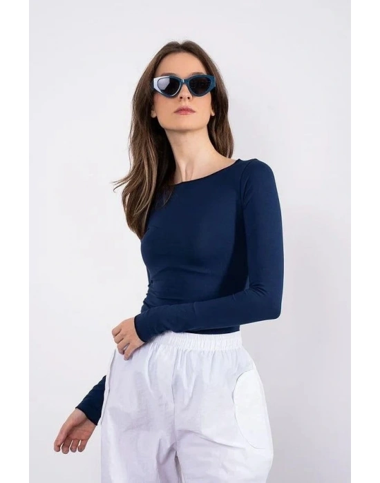 Kayık yaka uzun kollu bluz lacivert pt