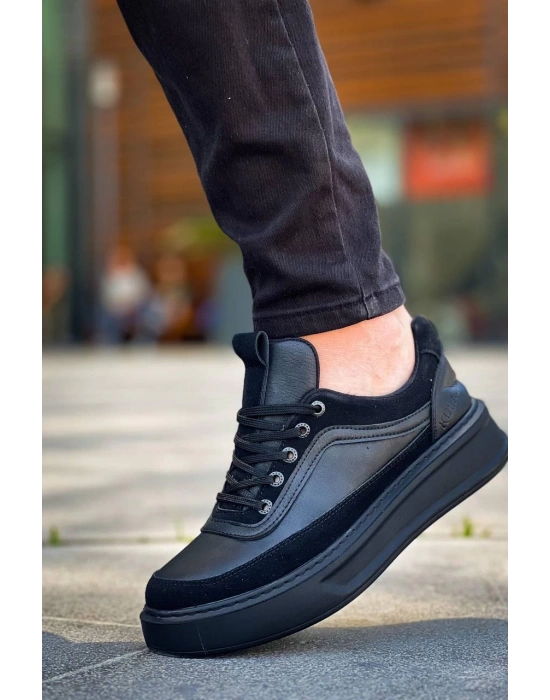 KB-006 Kuback Siyah Cilt Siyah Yüksek Taban Bağcıklı Günlük Erkek Ayakkabı