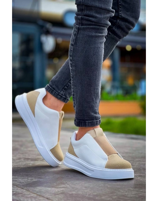 KB-007  Kuback  Beyaz Bej Yüksek Taban Tek Bant Bağcıksız Günlük Erkek Ayakkabı