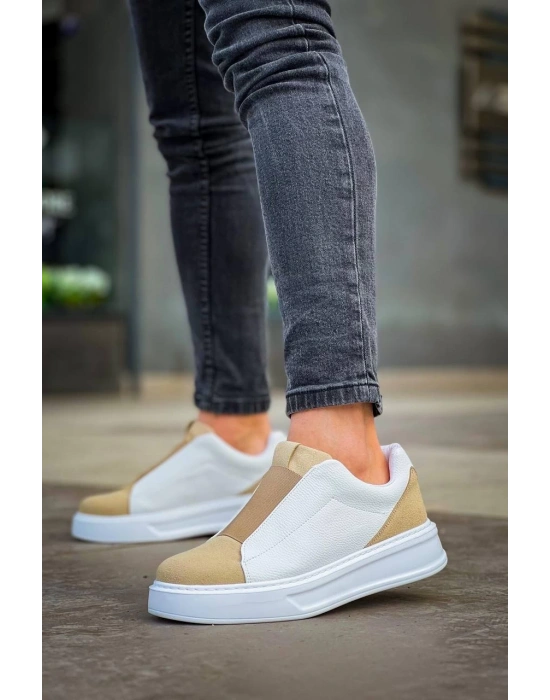 KB-007  Kuback  Beyaz Bej Yüksek Taban Tek Bant Bağcıksız Günlük Erkek Ayakkabı