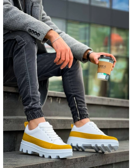 KB-056 Kuback Beyaz Sarı Detaylı Beyaz Yüksek Taban Günlük Spor Ayakkabı