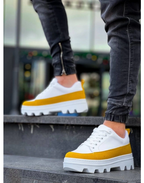 KB-056 Kuback Beyaz Sarı Detaylı Beyaz Yüksek Taban Günlük Spor Ayakkabı