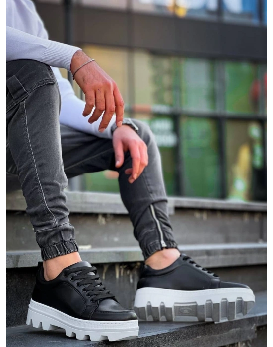 KB-056 Kuback Siyah Cilt Beyaz Yüksek Taban Günlük Spor Ayakkabı