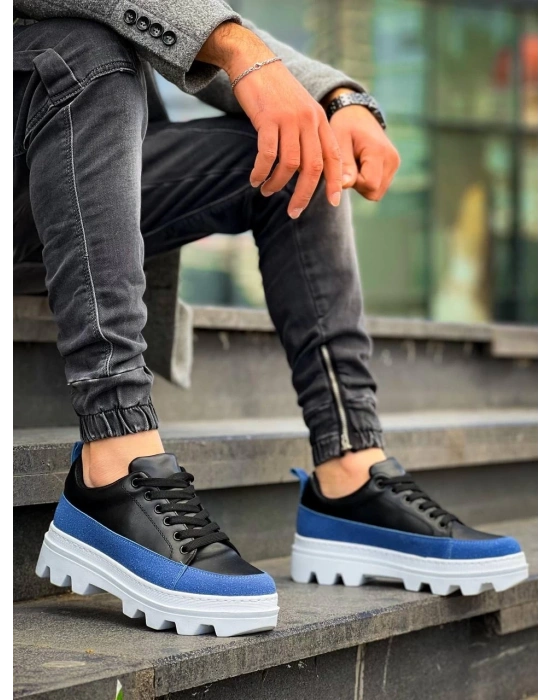 KB-056 Kuback Siyah Mavi Detaylı Beyaz Yüksek Taban Günlük Spor Ayakkabı