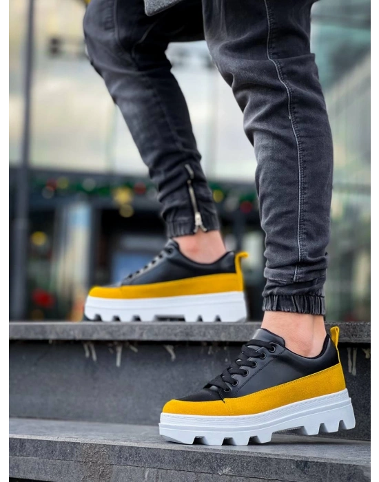 KB-056 Kuback Siyah Sarı Detaylı Beyaz Yüksek Taban Günlük Spor Ayakkabı