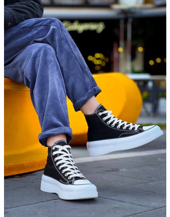 KB-CX-3 Kuback Uzun Siyah Keten Beyaz Yüksek Taban Spor Ayakkabı