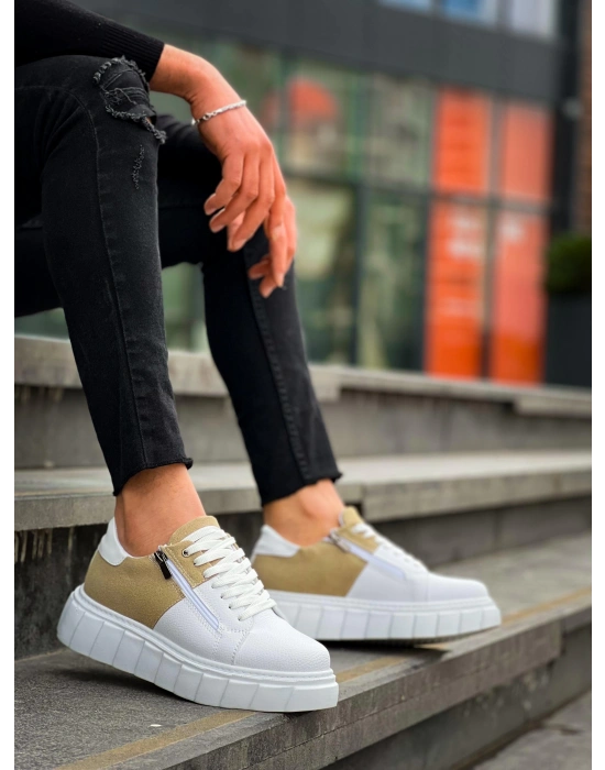 KB-X155 Kuback Beyaz Cilt Bej Süet Detaylı Beyaz Yüksek Taban Günlük Spor Ayakkabı