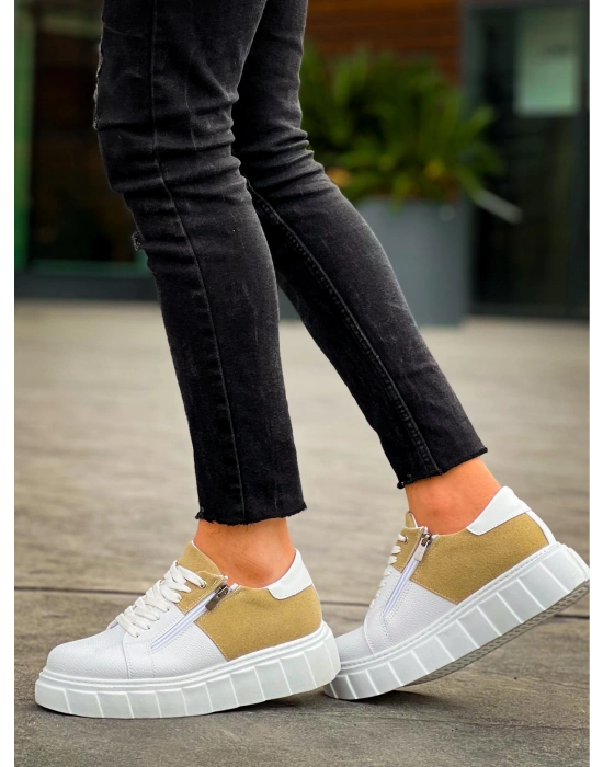 KB-X155 Kuback Beyaz Cilt Bej Süet Detaylı Beyaz Yüksek Taban Günlük Spor Ayakkabı