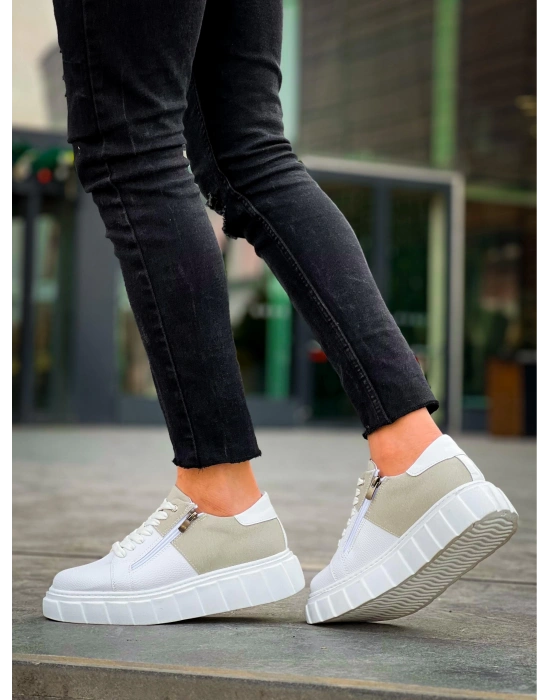 KB-X155 Kuback Beyaz Cilt Gri Süet Detaylı Beyaz Yüksek Taban Günlük Spor Ayakkabı