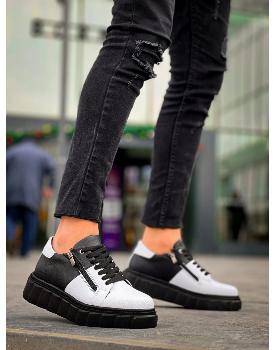 KB-X155 Kuback Beyaz Cilt Siyah Cilt Detaylı Siyah Yüksek Taban Günlük Spor Ayakkabı