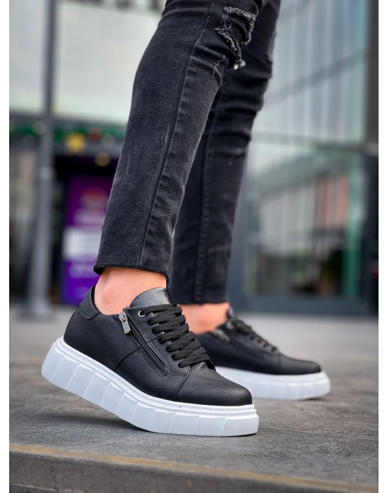 KB-X155 Kuback Siyah Cilt Detaylı Beyaz Yüksek Taban Günlük Spor Ayakkabı