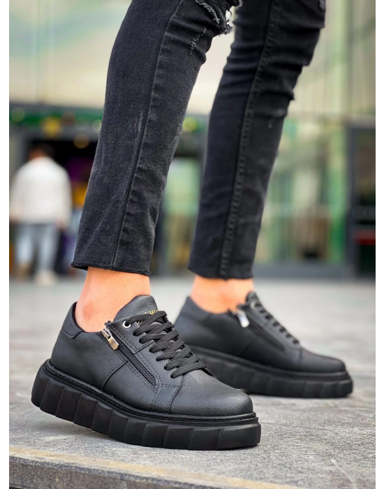 KB-X155 Kuback Siyah Cilt Detaylı Siyah Yüksek Taban Günlük Spor Ayakkabı