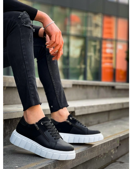 KB-X155 Kuback Siyah Cilt Siyah Süet Detaylı Beyaz Yüksek Taban Günlük Spor Ayakkabı