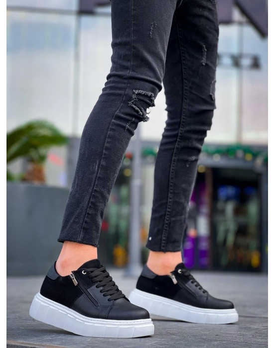 KB-X155 Kuback Siyah Cilt Siyah Süet Detaylı Beyaz Yüksek Taban Günlük Spor Ayakkabı