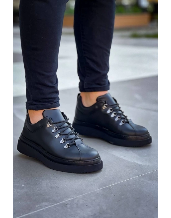 KB-X4  Kuback Siyah Cilt Siyah Yüksek Taban Bağcıklı Günlük Erkek Ayakkabı