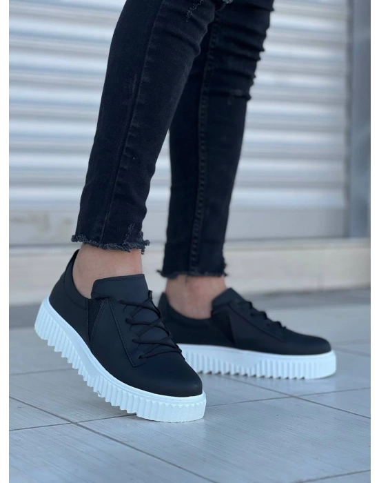 KB-X502  Kuback Siyah Cilt Yüksek Beyaz Taban Bağcık Detaylı Lastikli Günlük Erkek Ayakkabı