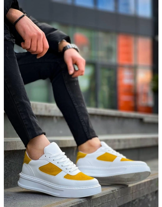 KB-X8 Kuback Beyaz Cilt Sarı Süet Detaylı Beyaz Yüksek Taban Günlük Spor Ayakkabı