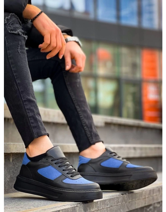 KB-X8 Kuback Siyah Cilt Mavi Süet Detaylı Siyah Yüksek Taban Günlük Spor Ayakkabı