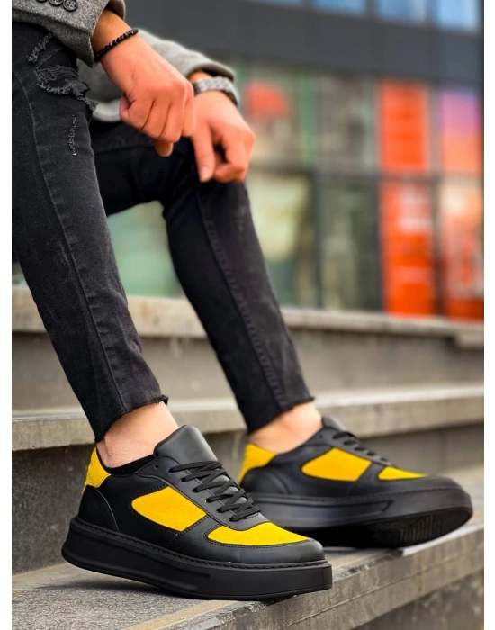 KB-X8 Kuback Siyah Sarı Cilt Yüksek Taban Günlük Spor Ayakkabı