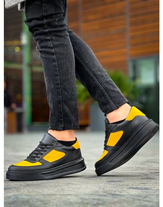 KB-X8 Kuback Siyah Sarı Cilt Yüksek Taban Günlük Spor Ayakkabı