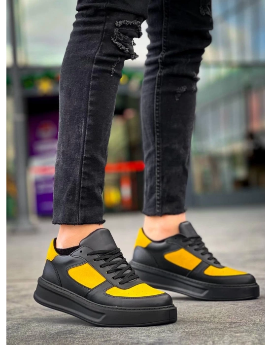 KB-X8 Kuback Siyah Sarı Cilt Yüksek Taban Günlük Spor Ayakkabı