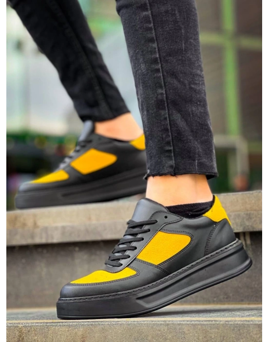 KB-X8 Kuback Siyah Sarı Cilt Yüksek Taban Günlük Spor Ayakkabı
