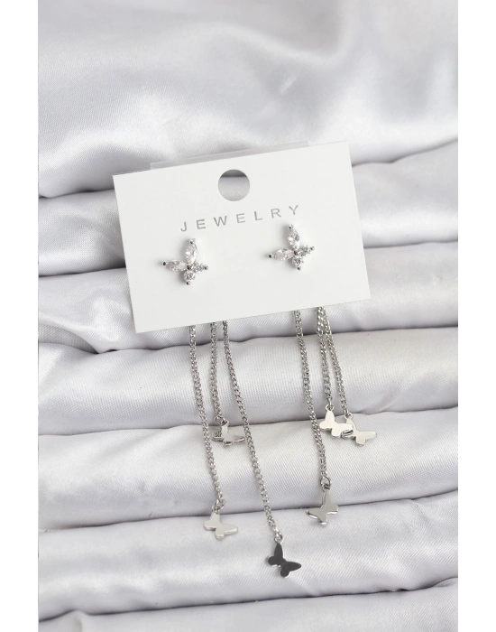 Kelebek Model Gümüş Renk Pirinç Sallantılı Kadın Küpe